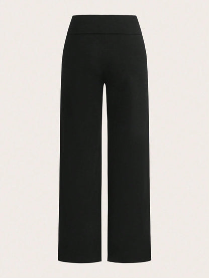 EZwear 2pcs Women Casual High Waisted Cuffed Wide Leg Straight Pants, Suitable For Summer Fall Clothes Winter Clothes Sportswear Black Grey