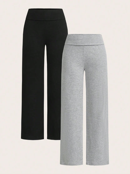 EZwear 2pcs Women Casual High Waisted Cuffed Wide Leg Straight Pants, Suitable For Summer Fall Clothes Winter Clothes Sportswear Black Grey