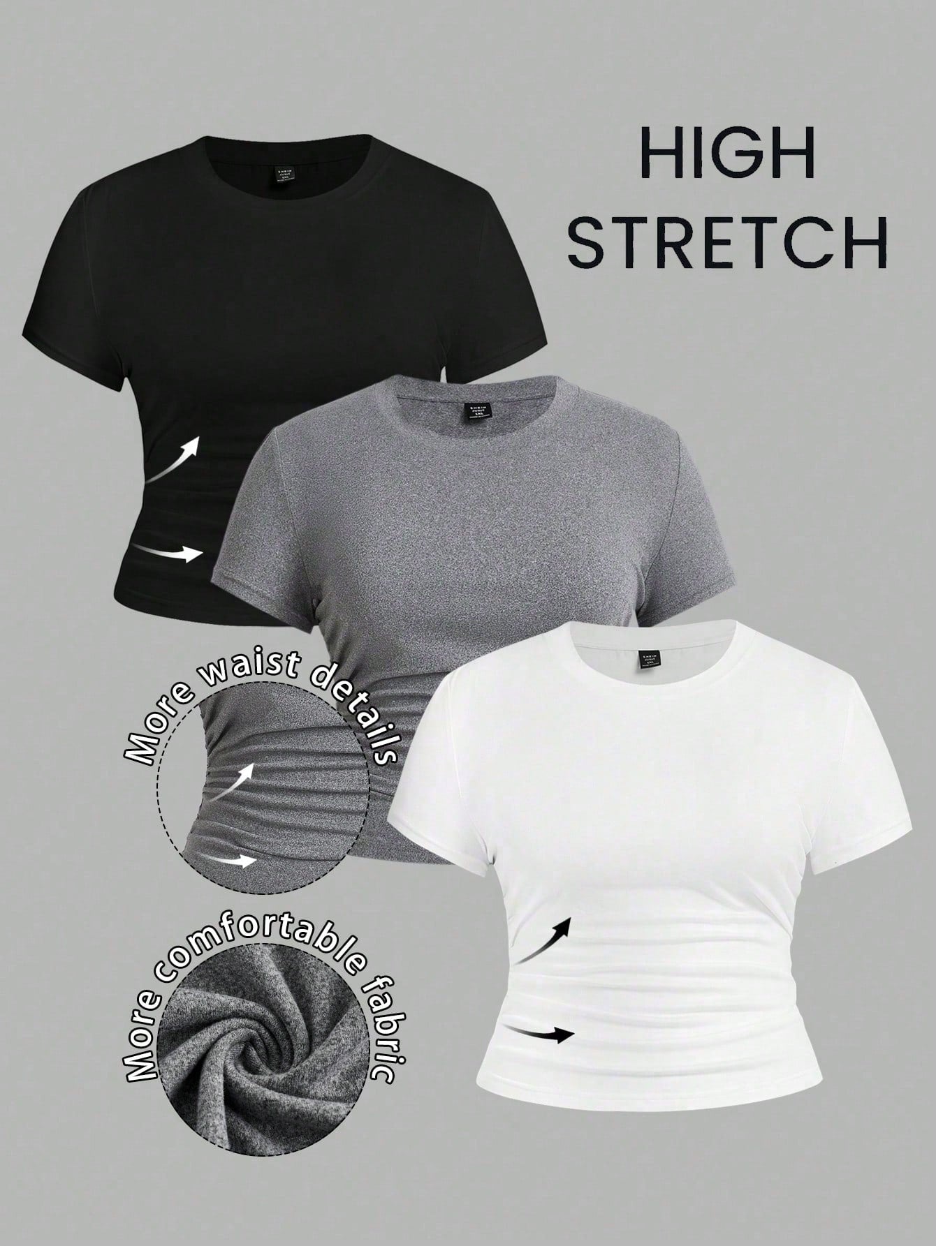 EZwear 3 Pcs/Set Plus Size Ruched Knitted Fabric T-Shirt, Short Sleeve Round Neck Top, Casual Black And White, Summer, Smart Casual, Gym Work Hawaii Gray