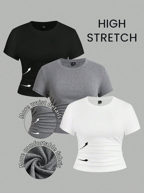 EZwear 3 Pcs/Set Plus Size Ruched Knitted Fabric T-Shirt, Short Sleeve Round Neck Top, Casual Black And White, Summer, Smart Casual, Gym Work Hawaii Gray