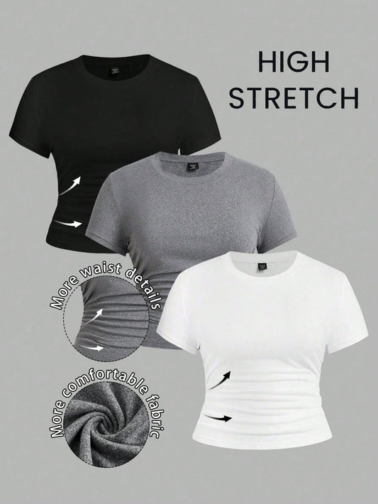 EZwear 3 Pcs/Set Plus Size Ruched Knitted Fabric T-Shirt, Short Sleeve Round Neck Top, Casual Black And White, Summer, Smart Casual, Gym Work Hawaii Gray