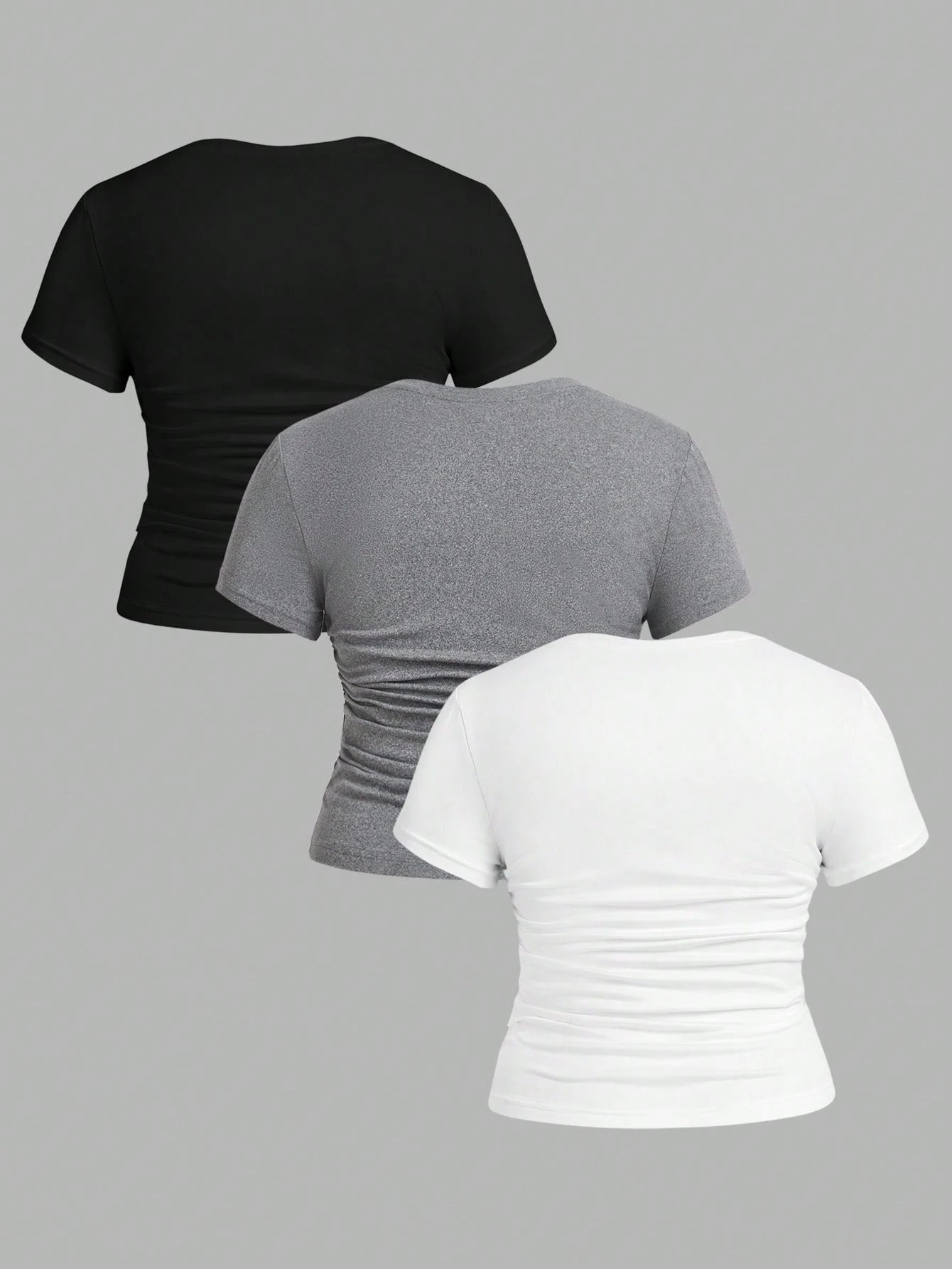 EZwear 3 Pcs/Set Plus Size Ruched Knitted Fabric T-Shirt, Short Sleeve Round Neck Top, Casual Black And White, Summer, Smart Casual, Gym Work Hawaii Gray