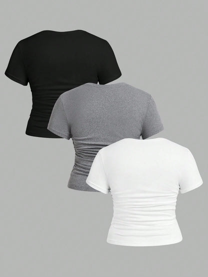 EZwear 3 Pcs/Set Plus Size Ruched Knitted Fabric T-Shirt, Short Sleeve Round Neck Top, Casual Black And White, Summer, Smart Casual, Gym Work Hawaii Gray