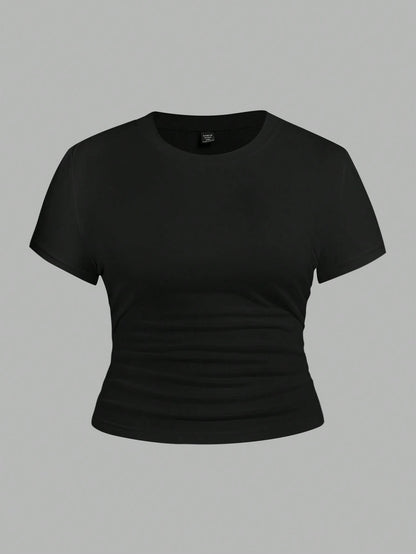 EZwear 3 Pcs/Set Plus Size Ruched Knitted Fabric T-Shirt, Short Sleeve Round Neck Top, Casual Black And White, Summer, Smart Casual, Gym Work Hawaii Gray