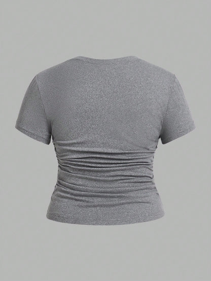 EZwear 3 Pcs/Set Plus Size Ruched Knitted Fabric T-Shirt, Short Sleeve Round Neck Top, Casual Black And White, Summer, Smart Casual, Gym Work Hawaii Gray
