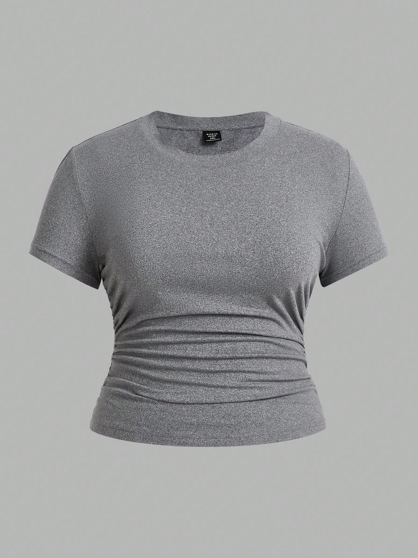 EZwear 3 Pcs/Set Plus Size Ruched Knitted Fabric T-Shirt, Short Sleeve Round Neck Top, Casual Black And White, Summer, Smart Casual, Gym Work Hawaii Gray