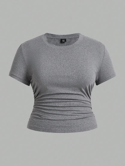 EZwear 3 Pcs/Set Plus Size Ruched Knitted Fabric T-Shirt, Short Sleeve Round Neck Top, Casual Black And White, Summer, Smart Casual, Gym Work Hawaii Gray