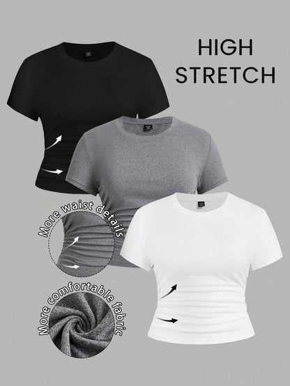 EZwear 3 Pcs/Set Plus Size Ruched Knitted Fabric T-Shirt, Short Sleeve Round Neck Top, Casual Black And White, Summer, Smart Casual, Gym Work Hawaii Gray