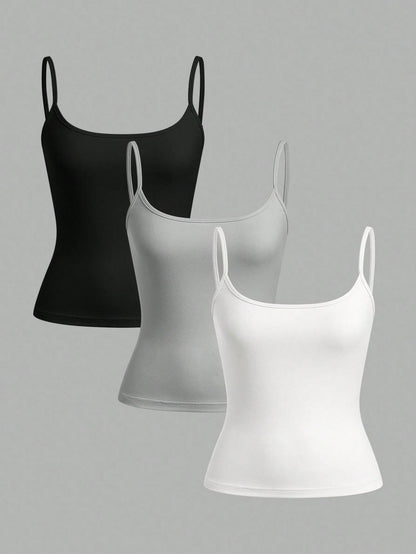 EZwear 3pcs/Set Women's Black, Light Grey, White Camisole Crop Top, Sexy & Tight Fitting, Suitable For Summer