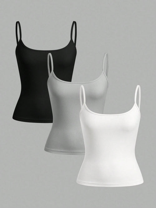 EZwear 3pcs/Set Women's Black, Light Grey, White Camisole Crop Top, Sexy & Tight Fitting, Suitable For Summer