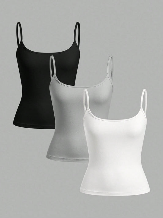 EZwear 3pcs/Set Women's Black, Light Grey, White Camisole Crop Top, Sexy & Tight Fitting, Suitable For Summer