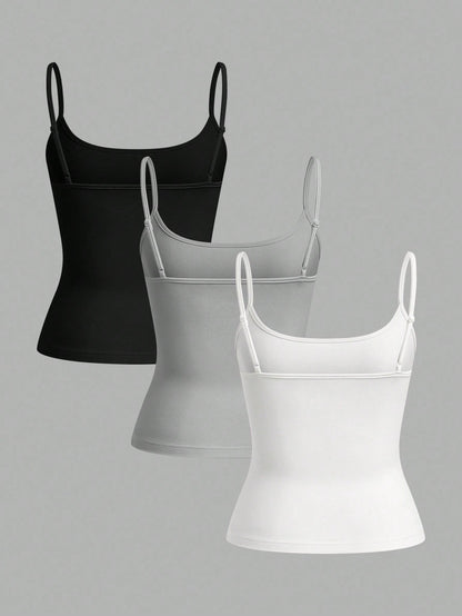 EZwear 3pcs/Set Women's Black, Light Grey, White Camisole Crop Top, Sexy & Tight Fitting, Suitable For Summer