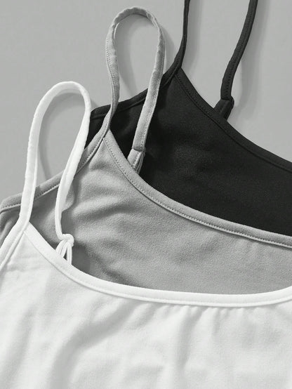 EZwear 3pcs/Set Women's Black, Light Grey, White Camisole Crop Top, Sexy & Tight Fitting, Suitable For Summer