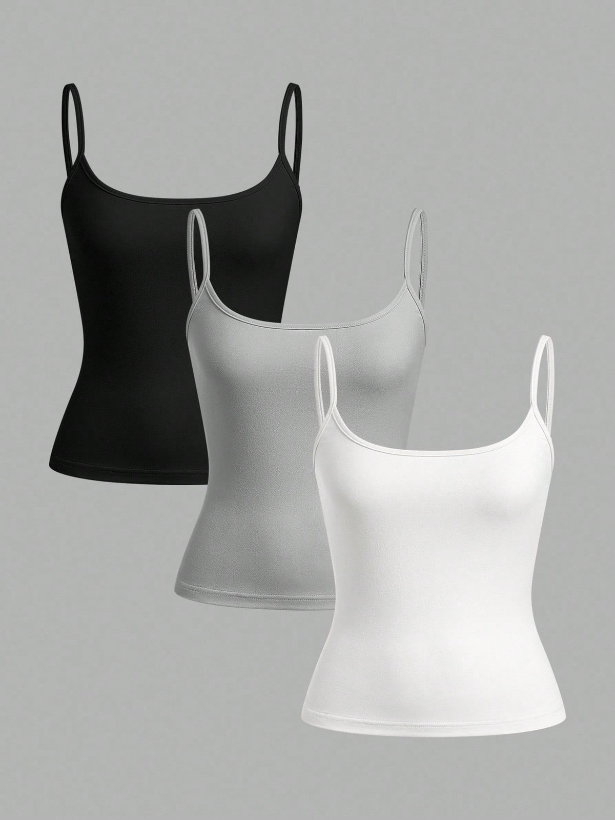 EZwear 3pcs/Set Women's Black, Light Grey, White Camisole Crop Top, Sexy & Tight Fitting, Suitable For Summer