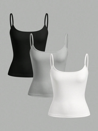 EZwear 3pcs/Set Women's Black, Light Grey, White Camisole Crop Top, Sexy & Tight Fitting, Suitable For Summer