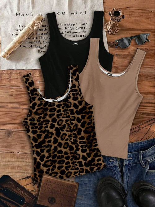 EZwear 3pcs/Set Women's Casual Crew Neck Tank Tops, Versatile For Summer