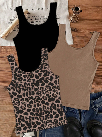 EZwear 3pcs/Set Women's Casual Crew Neck Tank Tops, Versatile For Summer
