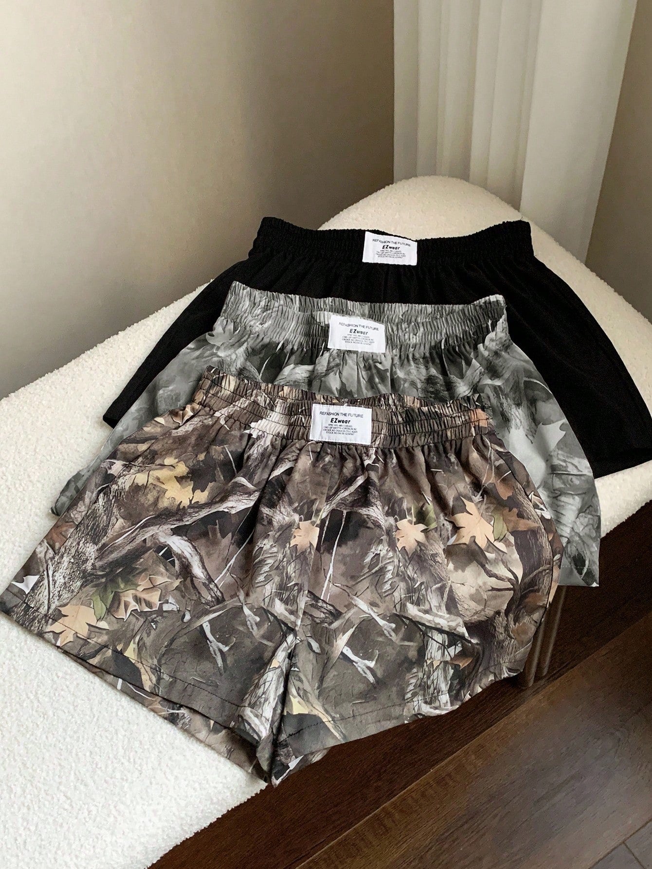 EZwear 3pcs Women Casual Camouflage Print Shorts Set, Woven Fabric, Comfortable Daily Wear