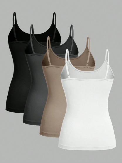 EZwear 4pcs/Pack Casual Minimalist Cami Tank Tops For Women, Suitable For Summer