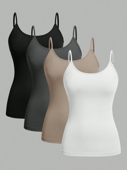 EZwear 4pcs/Pack Casual Minimalist Cami Tank Tops For Women, Suitable For Summer