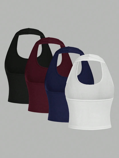 EZwear 4pcs/Set Casual Minimalist Short Halter Neck Fitted Tank Tops For Women, Suitable For Summer