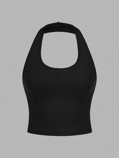 EZwear 4pcs/Set Casual Minimalist Short Halter Neck Fitted Tank Tops For Women, Suitable For Summer