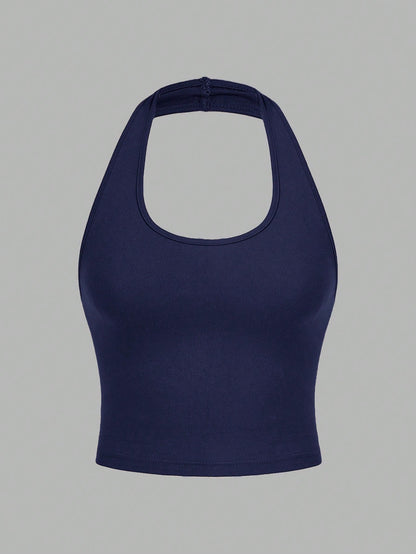EZwear 4pcs/Set Casual Minimalist Short Halter Neck Fitted Tank Tops For Women, Suitable For Summer