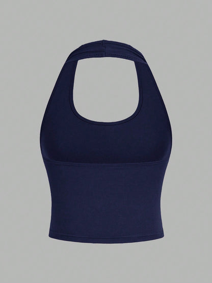 EZwear 4pcs/Set Casual Minimalist Short Halter Neck Fitted Tank Tops For Women, Suitable For Summer