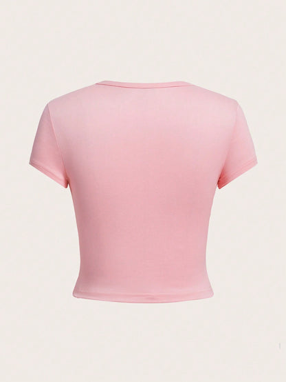 EZwear 4pcs/Set Casual Round Neck Short Sleeve Fitted Women T-Shirts, Suitable For Summer, Top Back-To-School School Aqua Blue Light Pink Pastel Yellow
