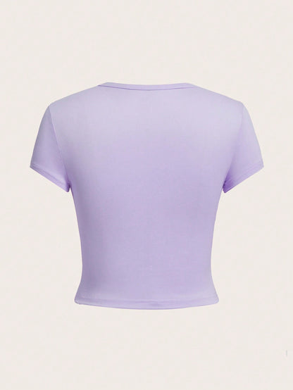 EZwear 4pcs/Set Casual Round Neck Short Sleeve Fitted Women T-Shirts, Suitable For Summer, Top Back-To-School School Aqua Blue Light Pink Pastel Yellow