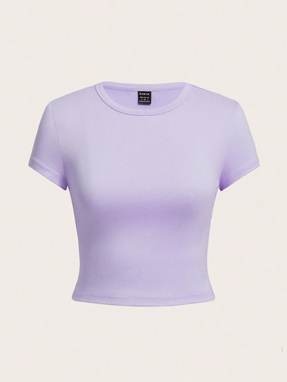 EZwear 4pcs/Set Casual Round Neck Short Sleeve Fitted Women T-Shirts, Suitable For Summer, Top Back-To-School School Aqua Blue Light Pink Pastel Yellow