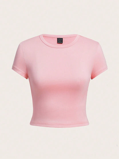 EZwear 4pcs/Set Casual Round Neck Short Sleeve Fitted Women T-Shirts, Suitable For Summer, Top Back-To-School School Aqua Blue Light Pink Pastel Yellow