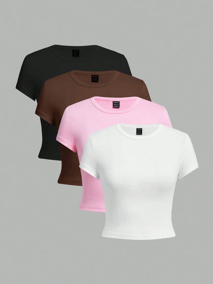 EZwear 4pcs/Set Casual Round Neck Short Sleeve Fitted Women T-Shirts, Suitable For Summer, Top Back-To-School School Aqua Blue Light Pink Pastel Yellow