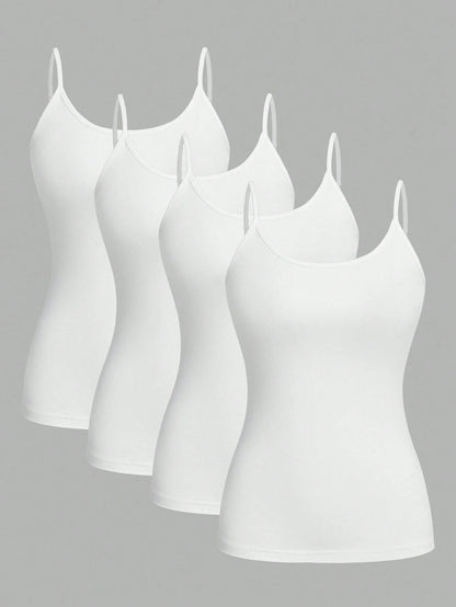 EZwear 4pcs White Casual Minimalist Camisole Tank Tops For Women, Suitable For Summer,White Shirt