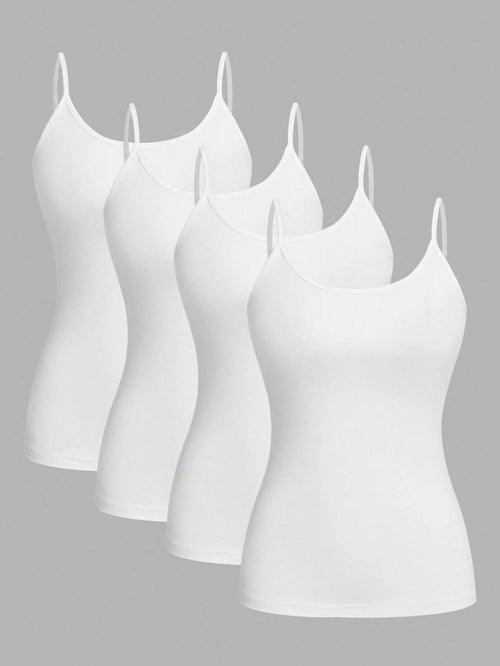EZwear 4pcs White Casual Minimalist Camisole Tank Tops For Women, Suitable For Summer,White Shirt