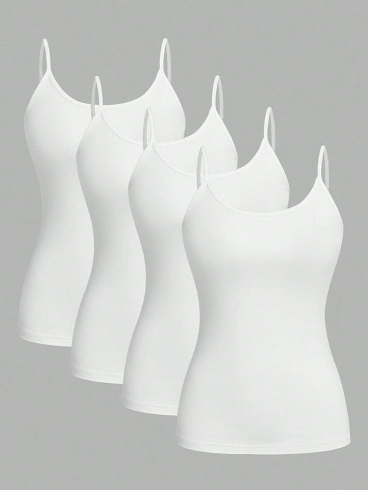 EZwear 4pcs White Casual Minimalist Camisole Tank Tops For Women, Suitable For Summer,White Shirt