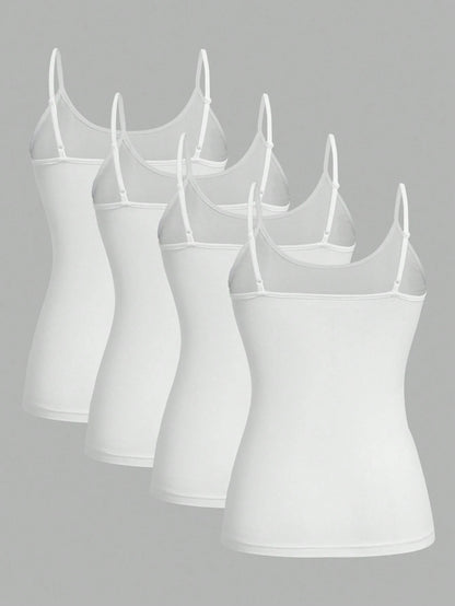 EZwear 4pcs White Casual Minimalist Camisole Tank Tops For Women, Suitable For Summer,White Shirt