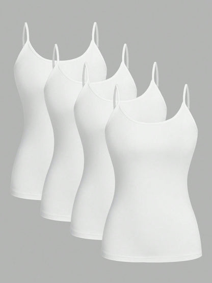 EZwear 4pcs White Casual Minimalist Camisole Tank Tops For Women, Suitable For Summer,White Shirt
