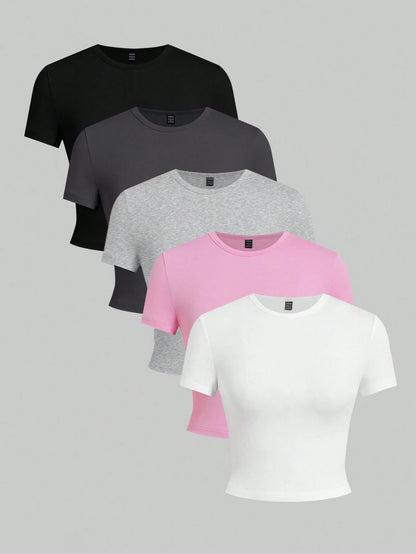 EZwear 5pcs/Set Solid Color Fitted Tank Tops & Tees