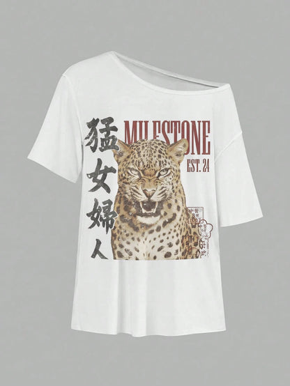 EZwear 95% Cotton White Tiger Graphic Off-Shoulder Loose Short-Sleeve T-Shirt For Women – Casual Minimalist All-Over Print, Retro Vintage, Y2K Streetwear, Grunge, Punk & Goth Aesthetic, Back To