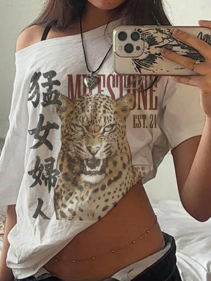 EZwear 95% Cotton White Tiger Graphic Off-Shoulder Loose Short-Sleeve T-Shirt For Women – Casual Minimalist All-Over Print, Retro Vintage, Y2K Streetwear, Grunge, Punk & Goth Aesthetic, Back To