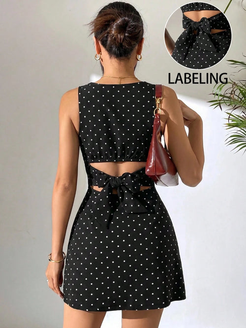 EZwear Black And White Polka Dot Polka Dot Print Backless Bodycon Dress Night Out Summer,Dresses For Women Summer