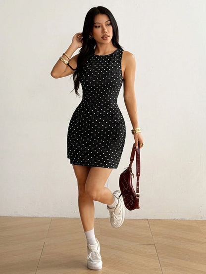 EZwear Black And White Polka Dot Polka Dot Print Backless Bodycon Dress Night Out Summer,Dresses For Women Summer