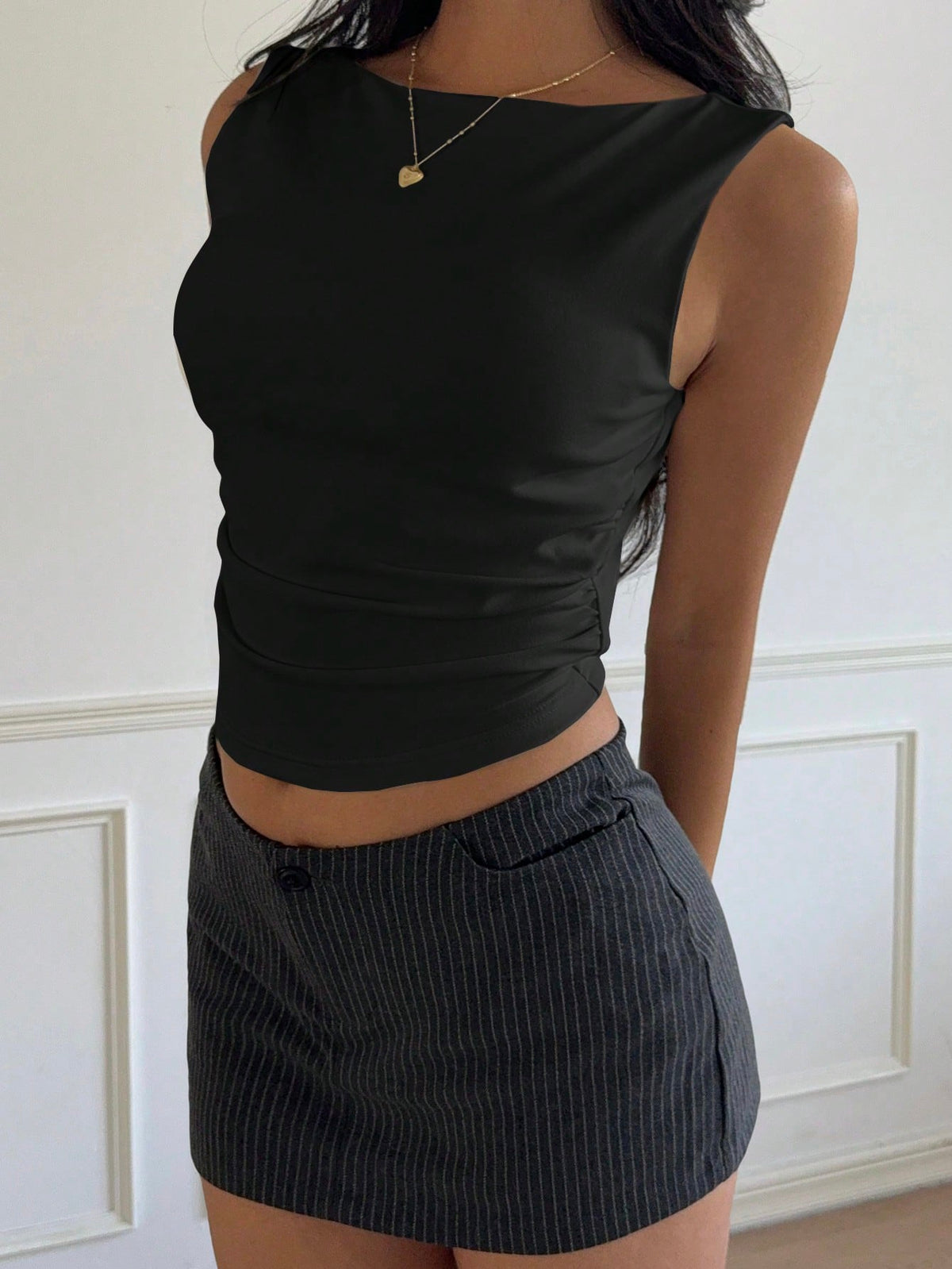 EZwear Black Cotton Padded Racerback Crop Tank Top, Spring/Summer