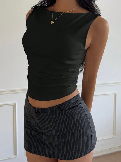 EZwear Black Cotton Padded Racerback Crop Tank Top, Spring/Summer
