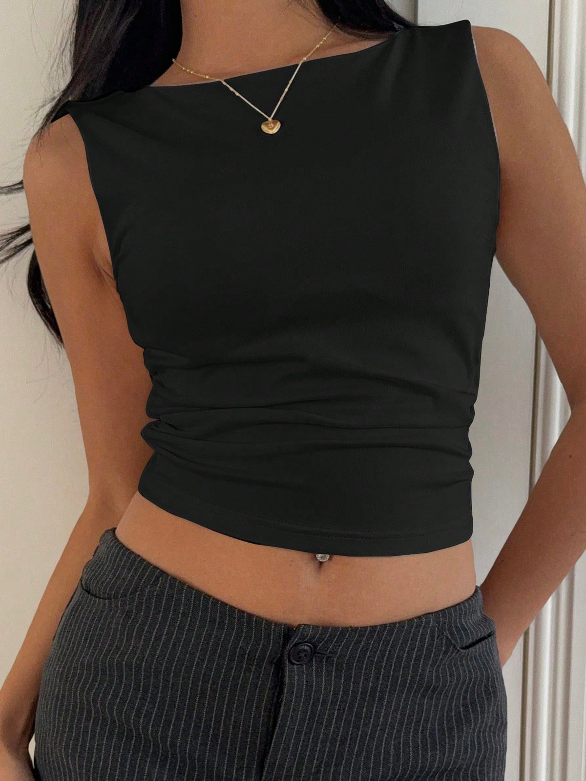 EZwear Black Cotton Padded Racerback Crop Tank Top, Spring/Summer