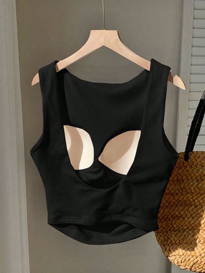 EZwear Black Cotton Padded Racerback Crop Tank Top, Spring/Summer