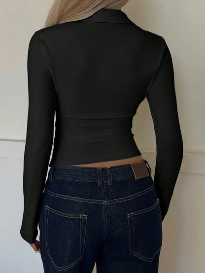 EZwear Casual Women's Black Knitted Ruched Collar Long Sleeve Regular Hem T-Shirt,Women's Solid Color Single-Breasted Pleated Versatile Date Outing