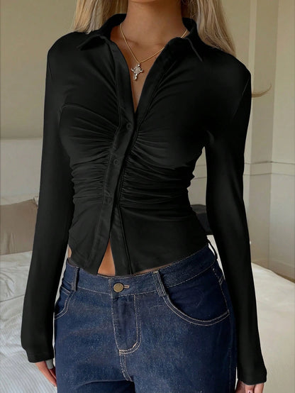 EZwear Casual Women's Black Knitted Ruched Collar Long Sleeve Regular Hem T-Shirt,Women's Solid Color Single-Breasted Pleated Versatile Date Outing