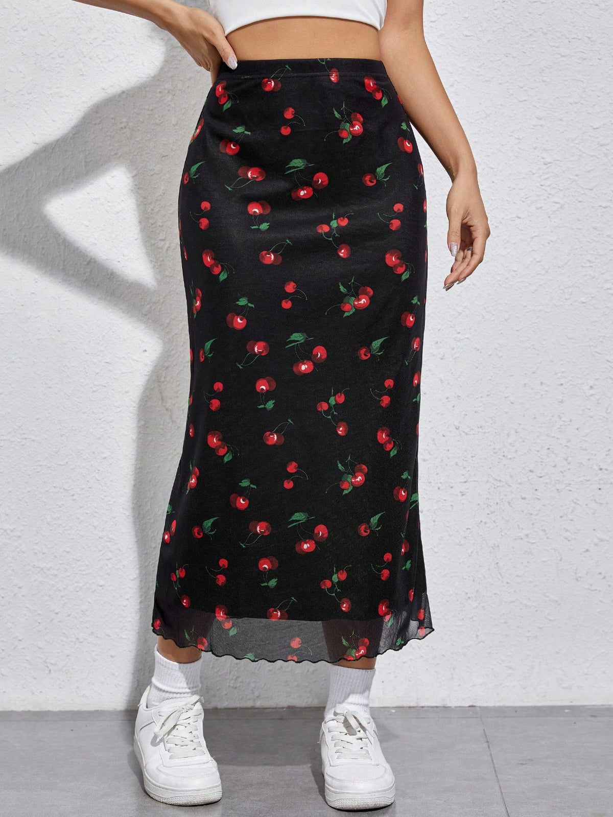 EZwear Cherry Print Mesh Overlay Skirt